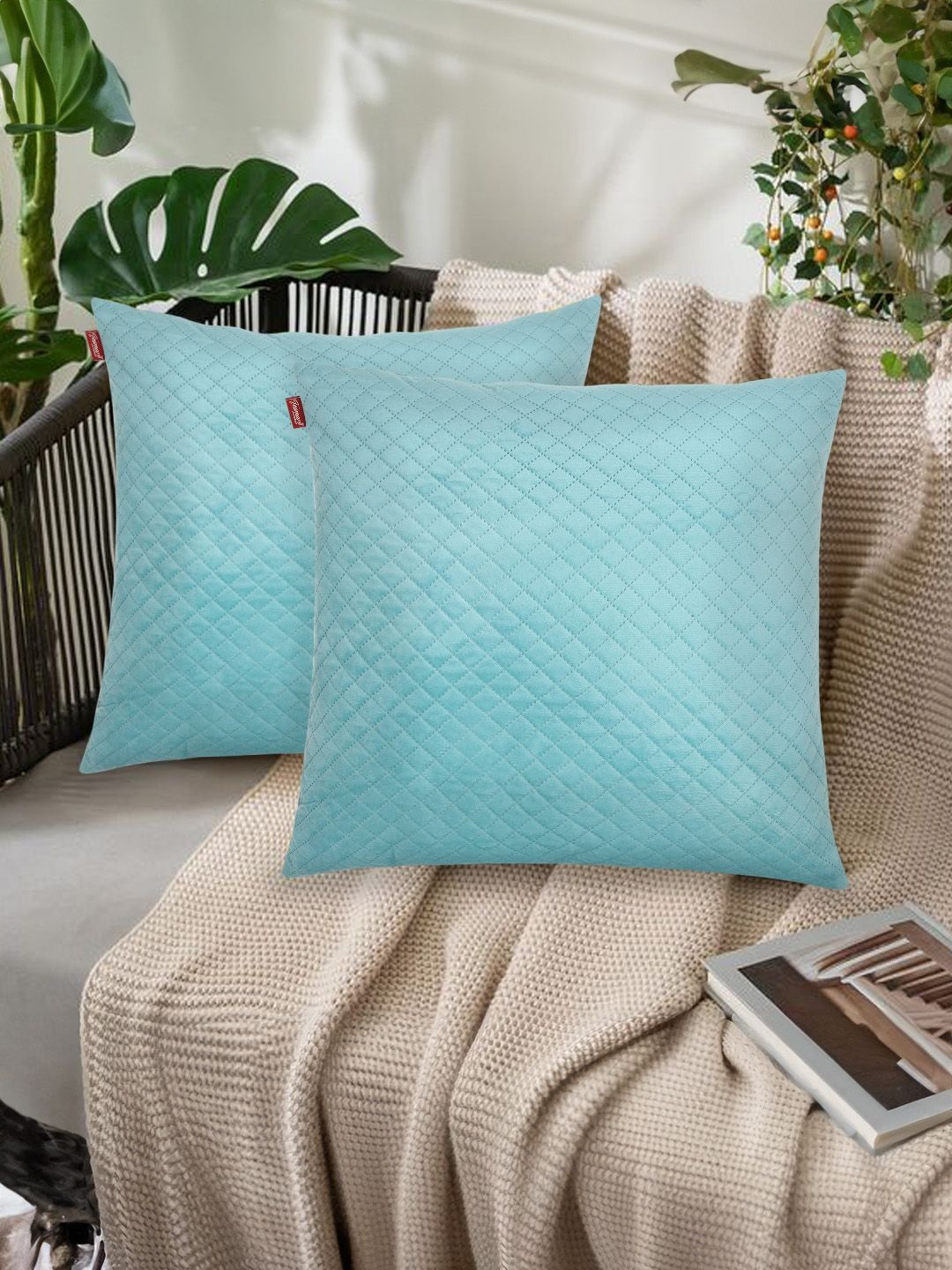 Tesmare Turquoise Blue Set of 2 Geometric Velvet Square Cushion Covers