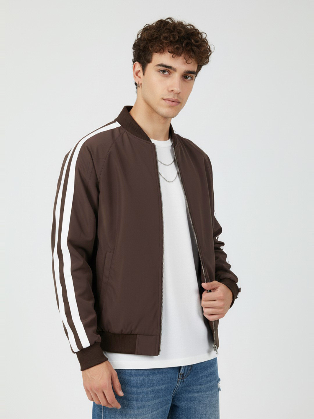 glitchez Stand Collar Bomber Jacket with Side Stripes