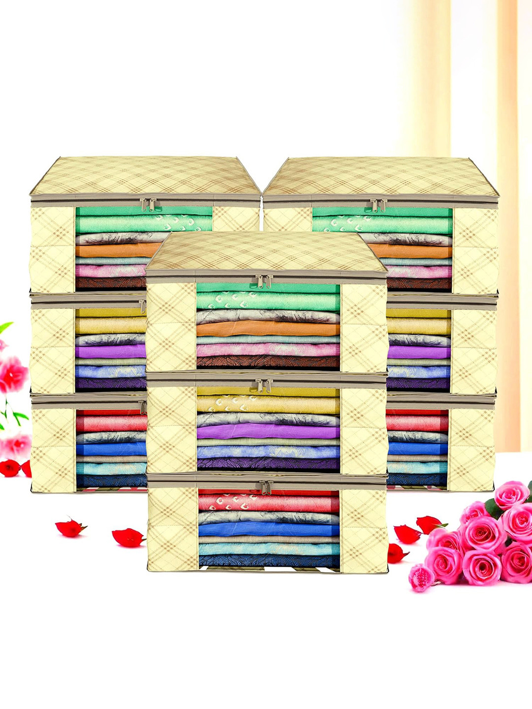 Kuber Industries Set Of 9 Cream Coloured & Brown Metallic Check Printed Saree Organisers