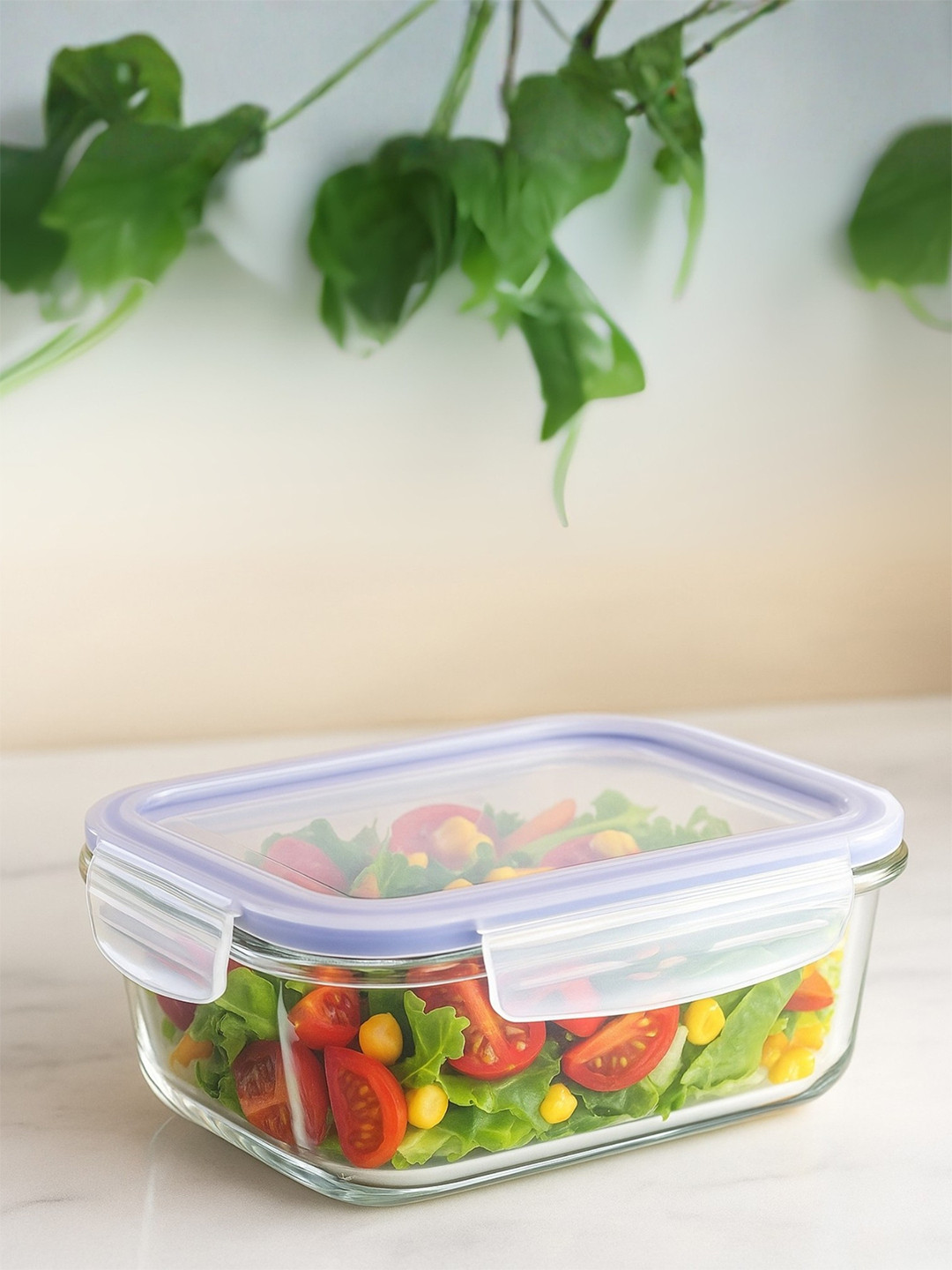 smart serve Transparent Solid Glass Dishwasher Safe 1PCs Lunch Box With Spoon and Fork