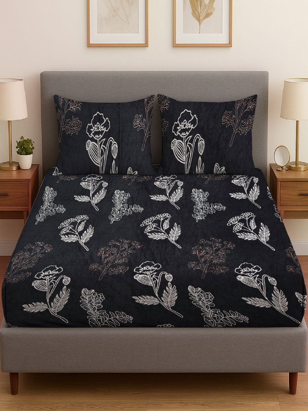 RRC Black Floral 300 TC Queen Bedsheet with 2 Pillow Covers