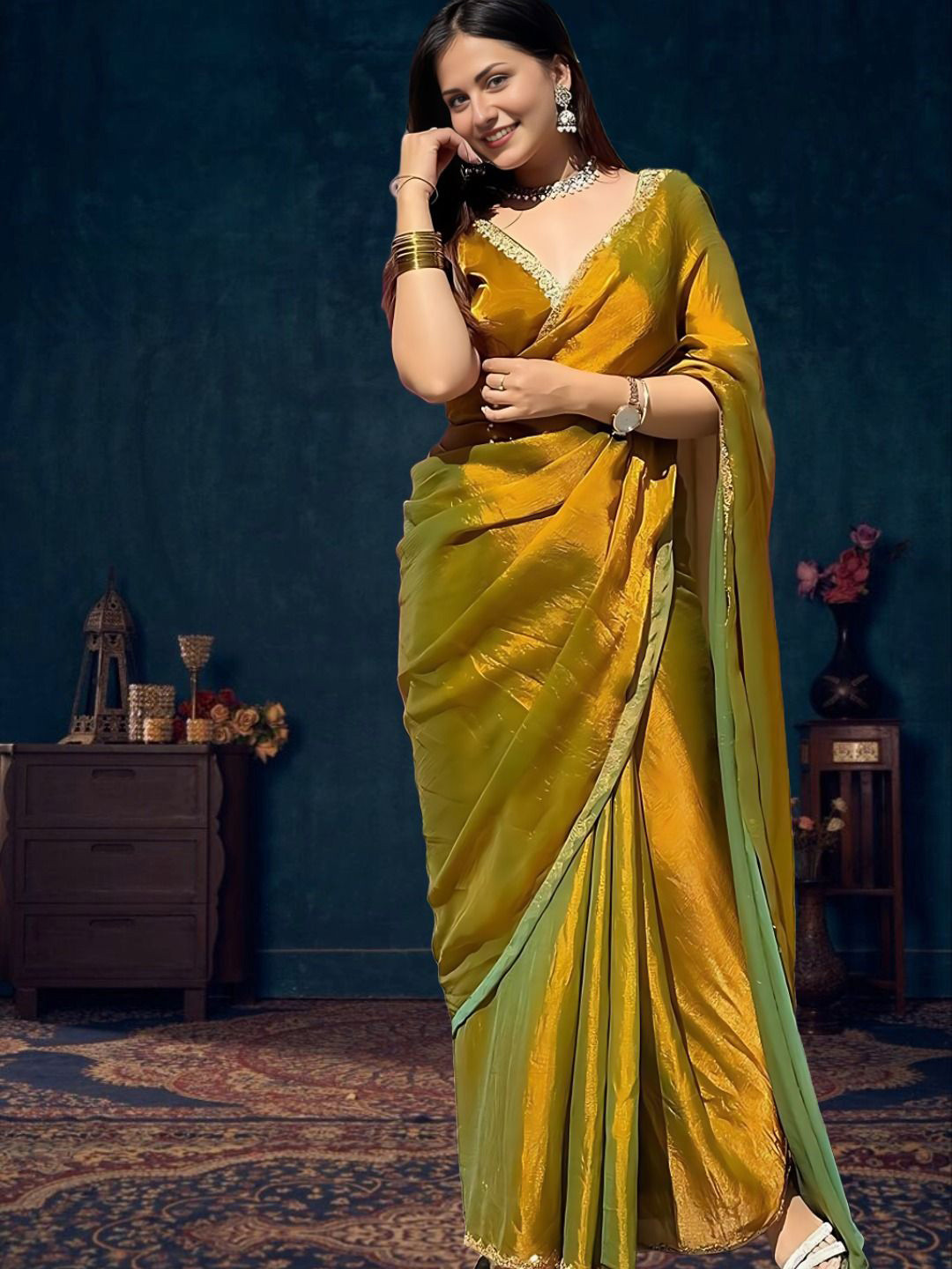 House of Pataudi Gold Two Tone Color One Min Ready to Wear Saree with Blouse