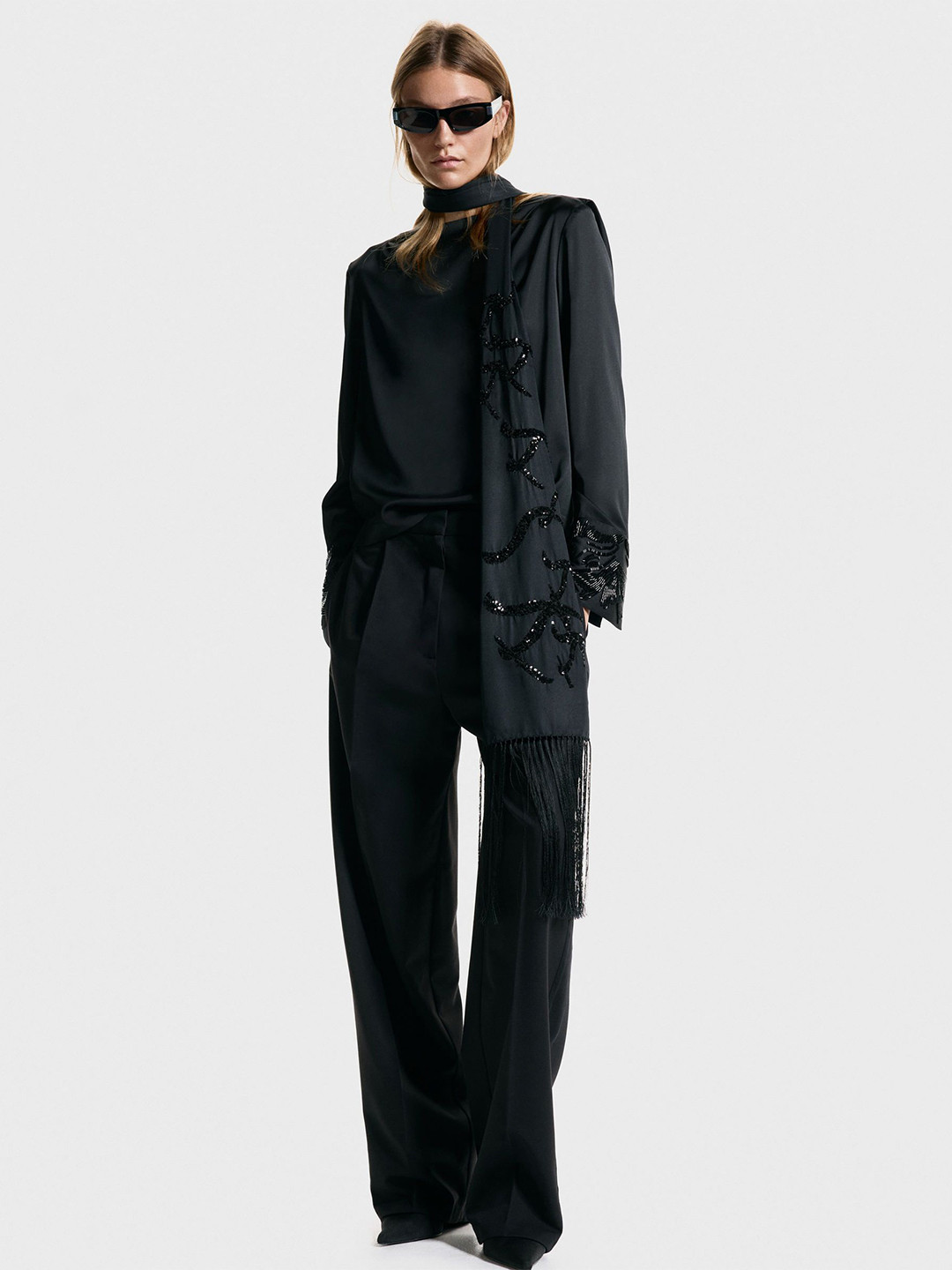 H&M Bead-Embroidered Cowl-Back Blouse