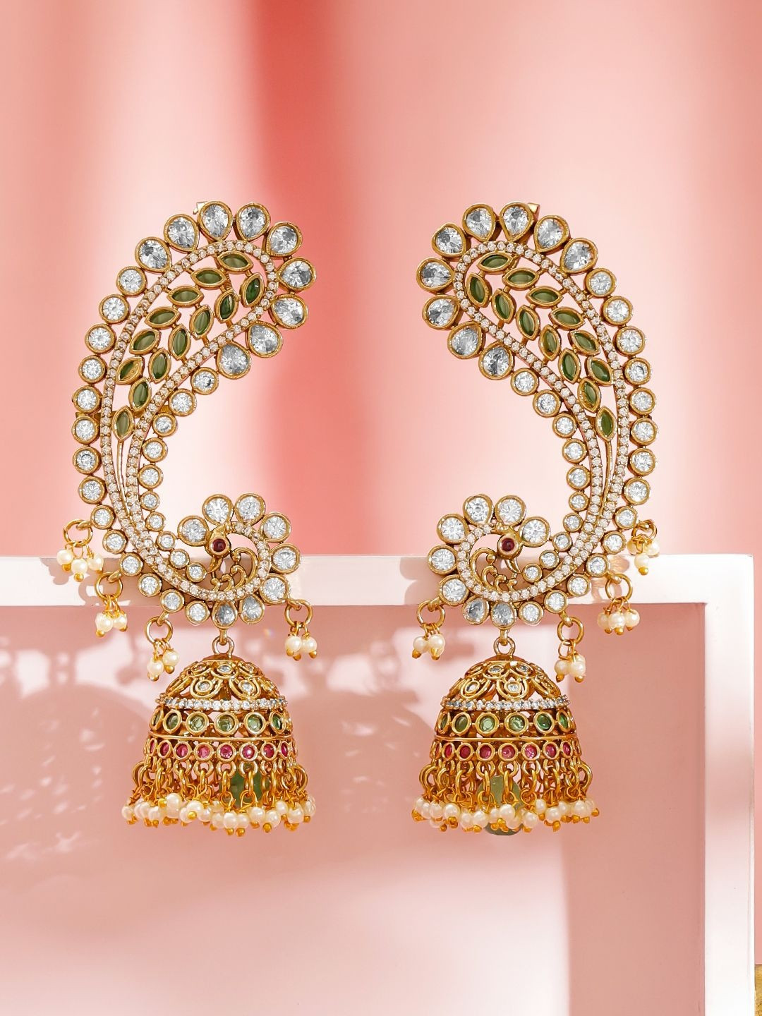 Rubans 24K Gold-Plated White & Green CZ Peacock Earcuff Jhumka Earrings with Pearls