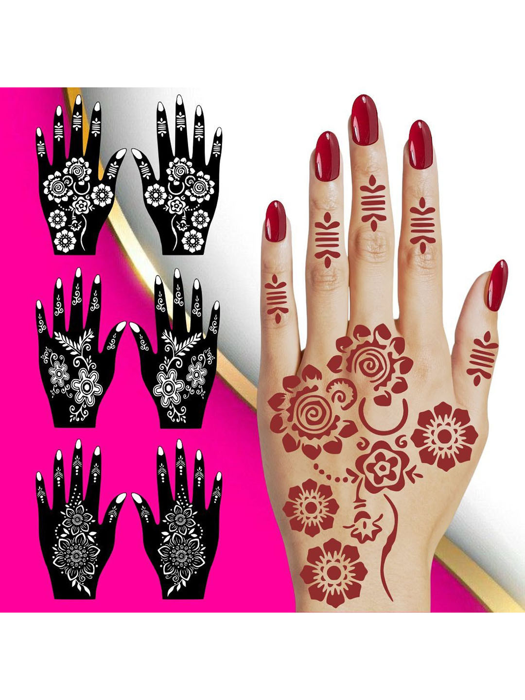 VOORKOMS Combo Mehndi Stencil Sticker Featuring Soft Flower Designs For Marriage