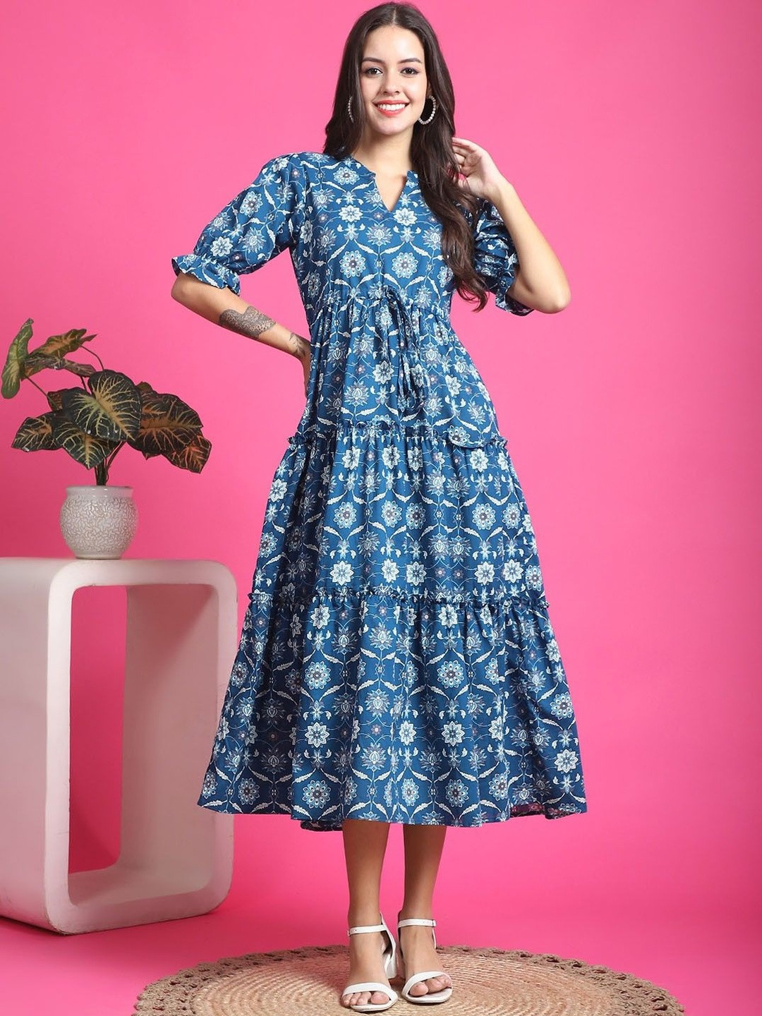 LookShine Women Ethnic Motifs Printed Mandarin Collar Fit & Flare Dress