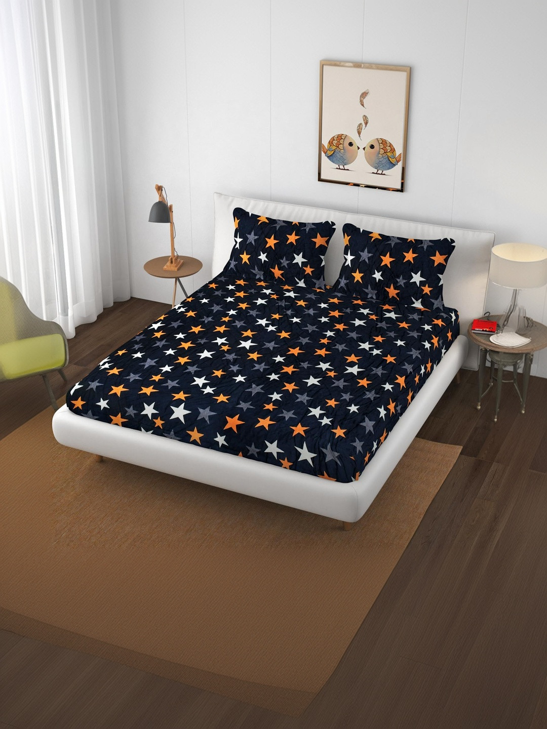 Banchmark Home Furnishings Navy Blue Graphic 200 TC King Bedsheet with 2 Pillow Covers