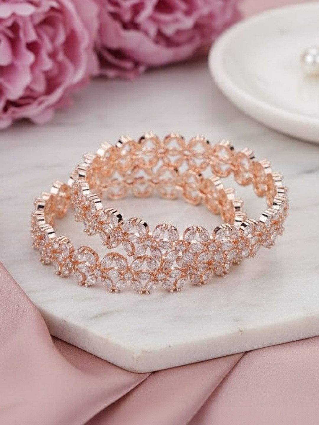 Opal Touch Set Of 2 Rose Gold-Plated & White Brass American Diamond Bangle