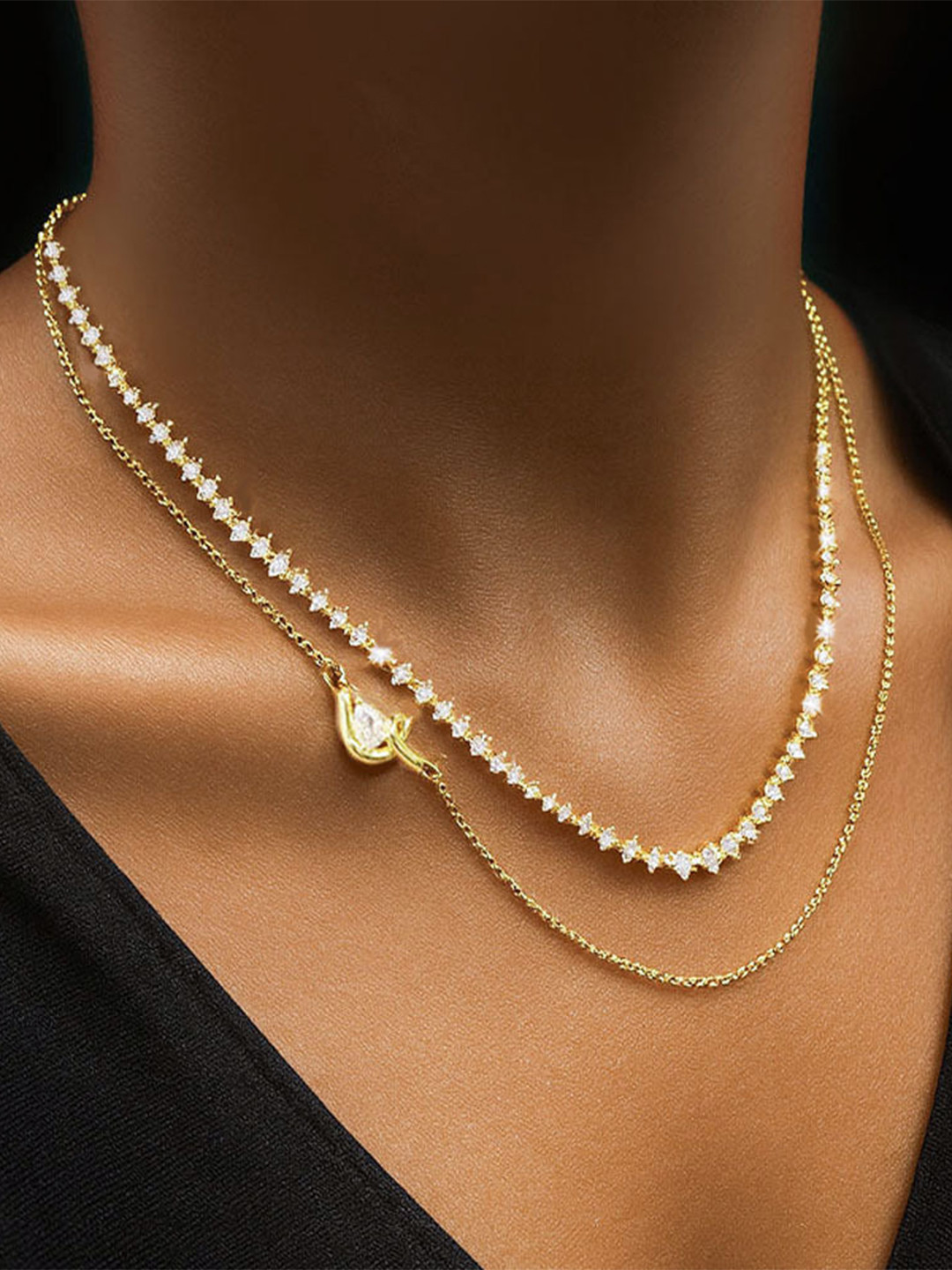 Amalfa 18K Gold Plated Set Of 2 Double Layered Chain Necklaces