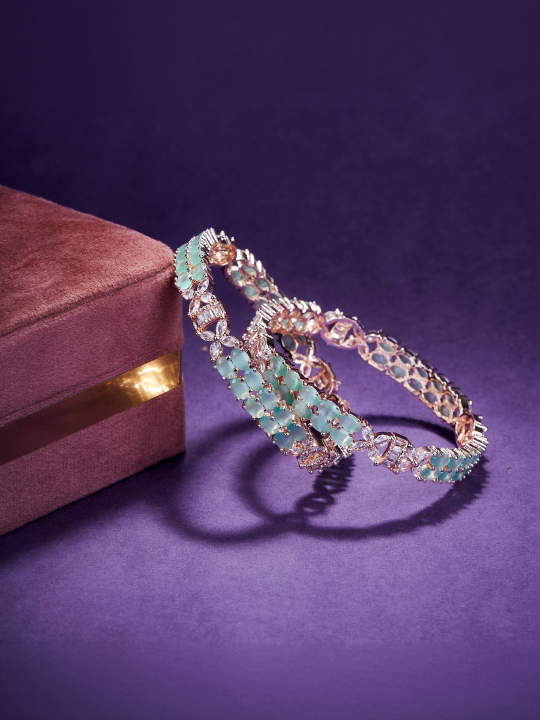 Opal Touch Set Of 2 Rose Gold-Plated & Green Brass American Diamond Bangle