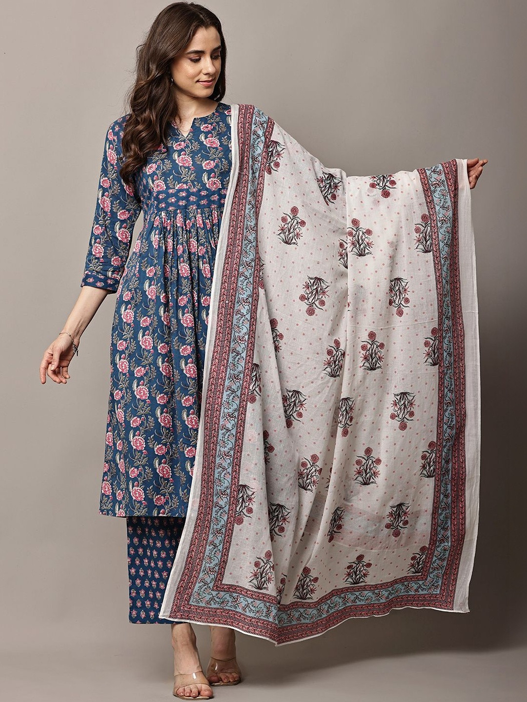HERE&NOW Women Floral Printed Panelled Pure Cotton Kurta with Trousers & With Dupatta