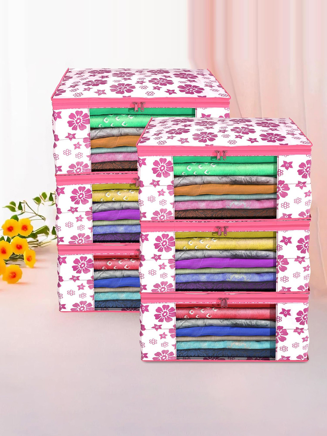 Kuber Industries Pink 6 Pieces Printed Fabric Sarees Organizers