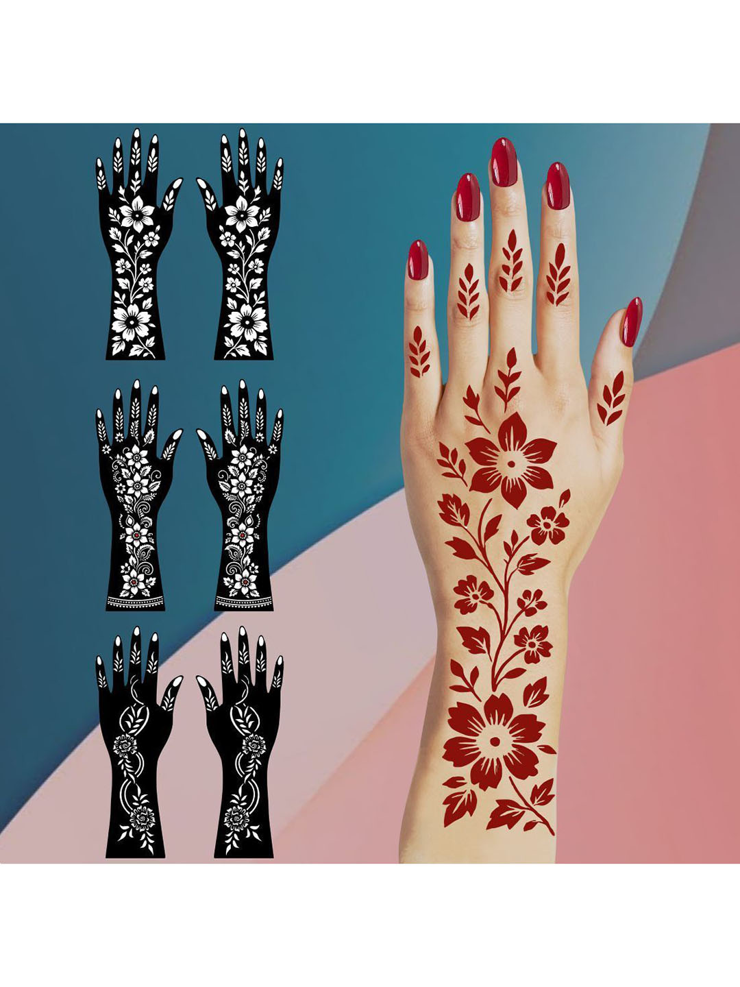 VOORKOMS Combo Mehndi Stencil Sticker With Blooming Flowers For Festivals