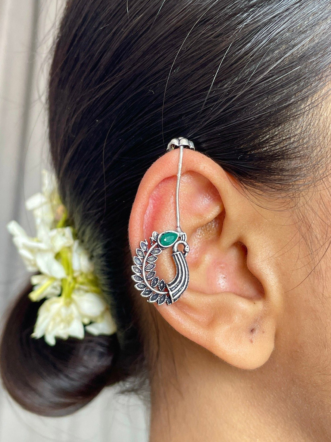 ISHKAARA Silver Plated Artificial Stones Studded Oxidised Peacock Ear Cuff Earrings