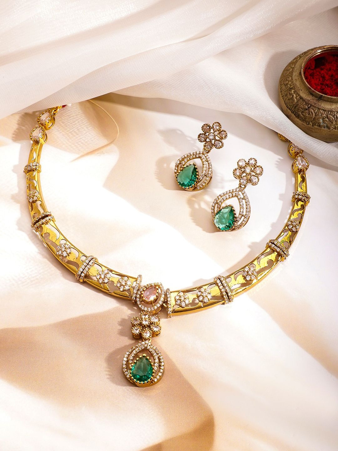 Rubans 22K Gold-Plated Brass Emerald Green & Pink Cubic Zirconia Stone Floral Necklace Set