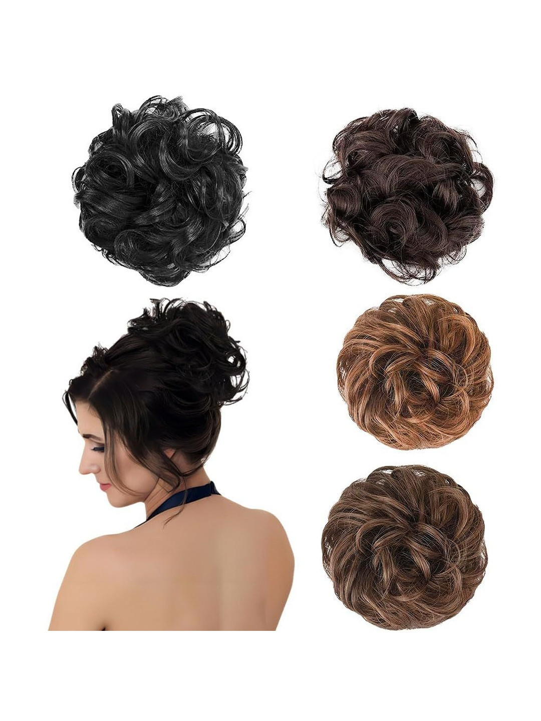 VIEWS Set Of 4 Halo Curly Bun Hair Extension -Black & Brown -  5.1 Inch