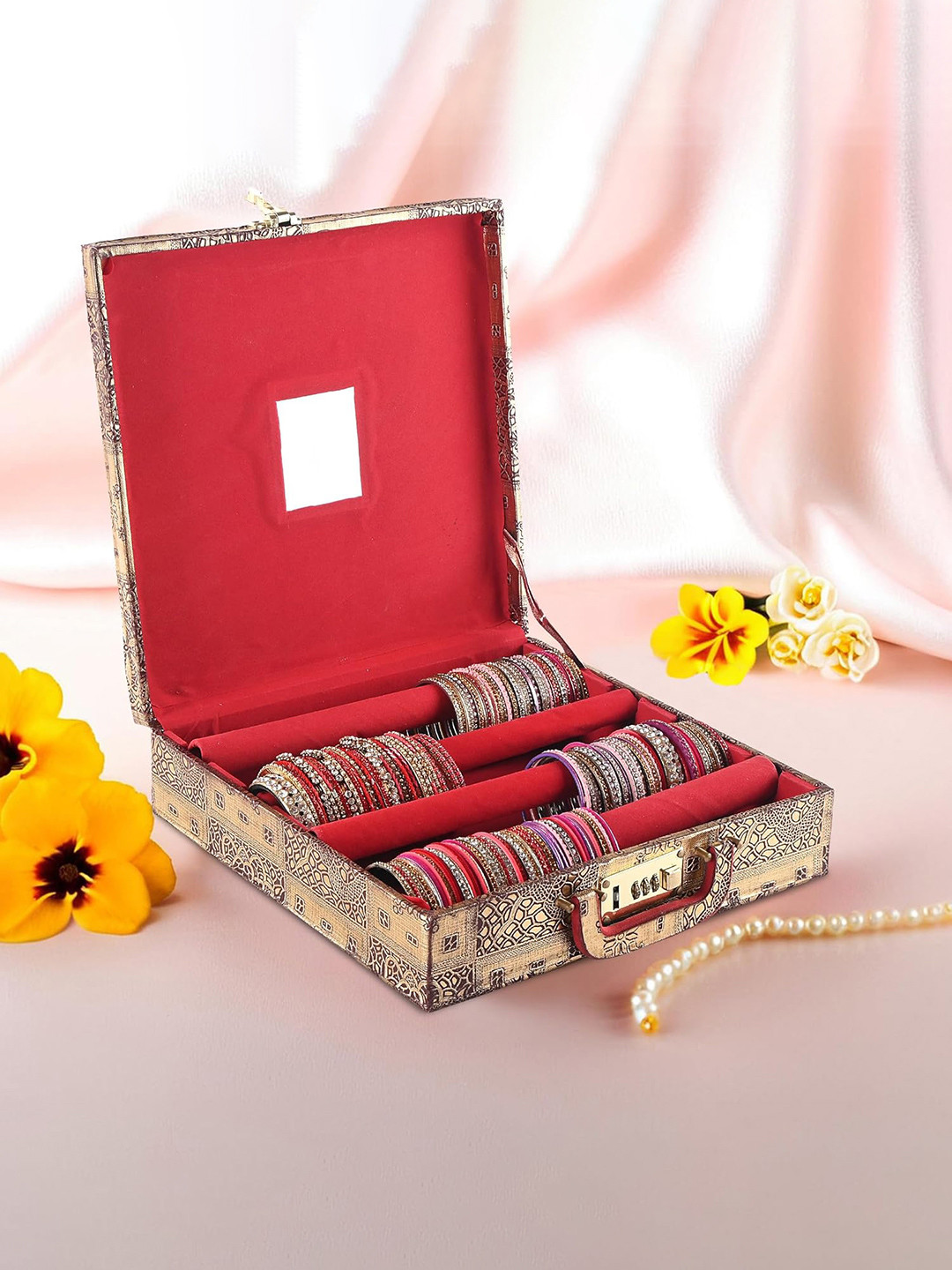Kuber Industries Red & Beige Printed Wooden 4 Rod Bangle Box Organizer