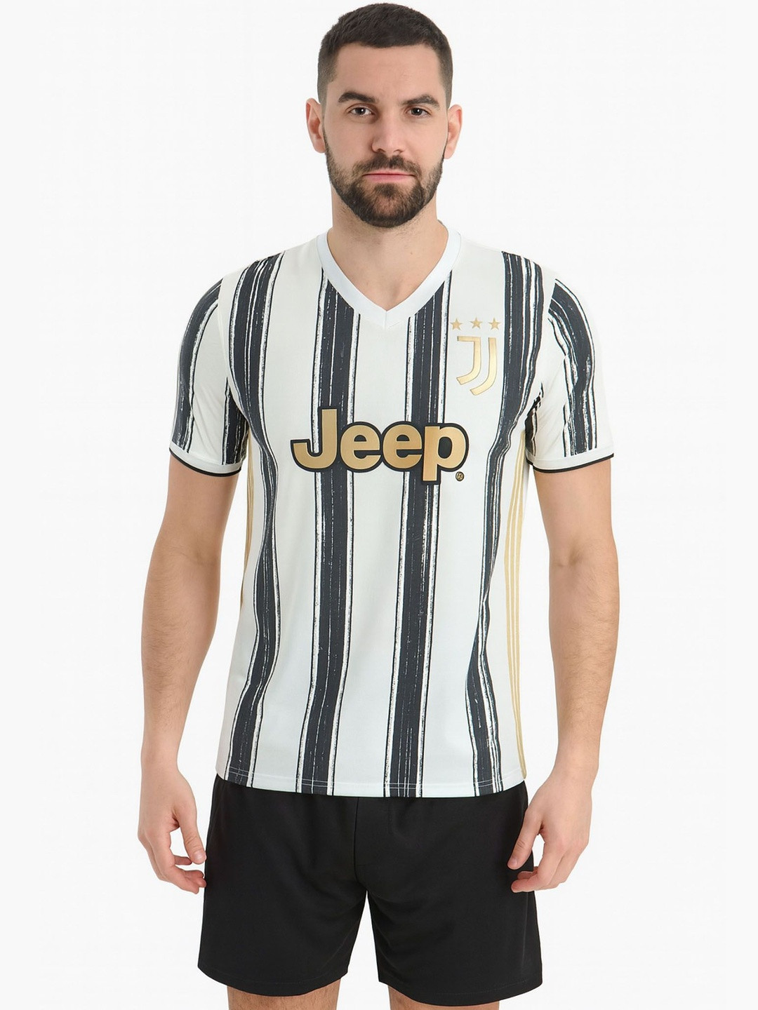 dostitch Men Juventus Cristiano Ronaldo Striped V-Neck Dri-FIT T-shirt