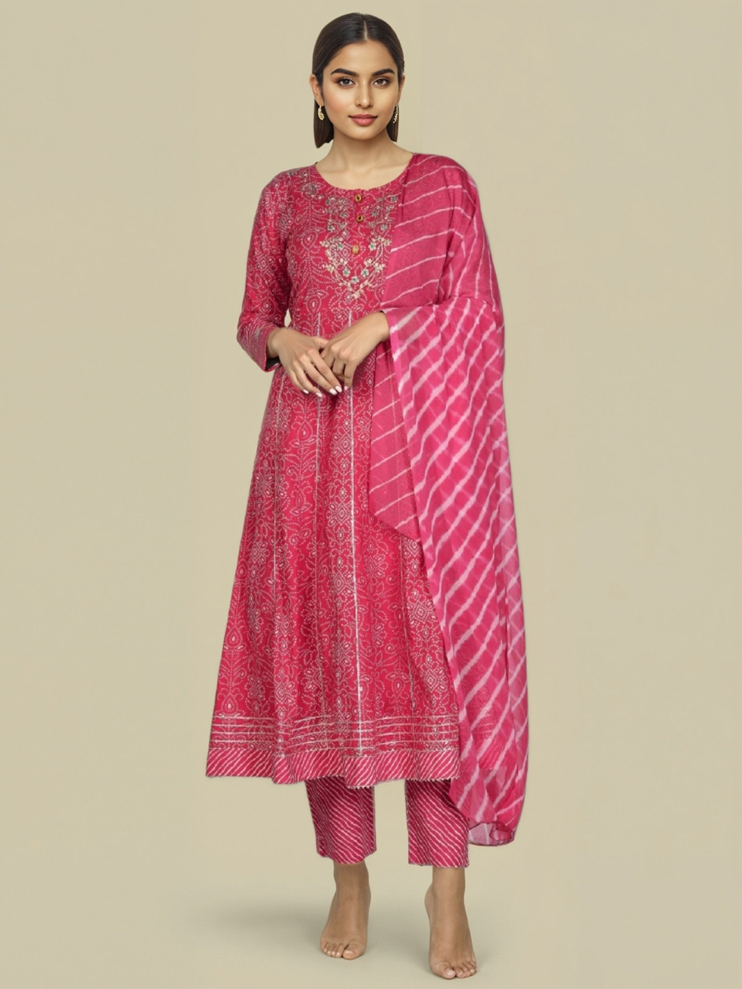 GULMEHAK Women Bandhani Printed Thread Work Pure Cotton Kurta with Trousers & Dupatta