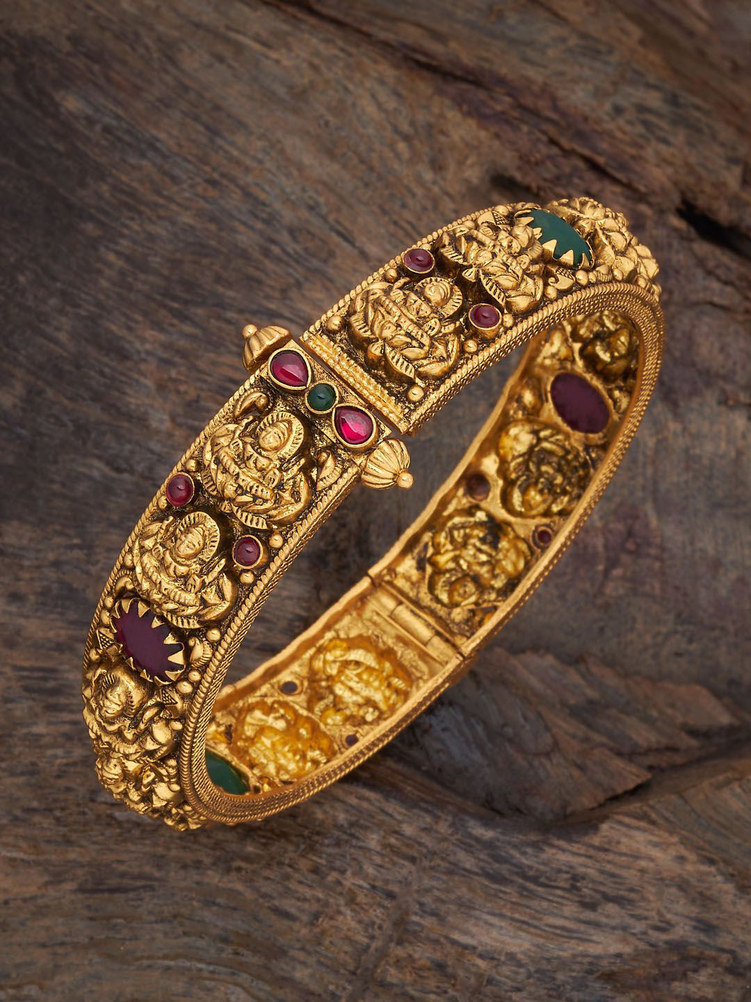 Kushal's Fashion Jewellery Embellished Bridal 92.5 Silver Gold-Plated Ruby Temple Bangle