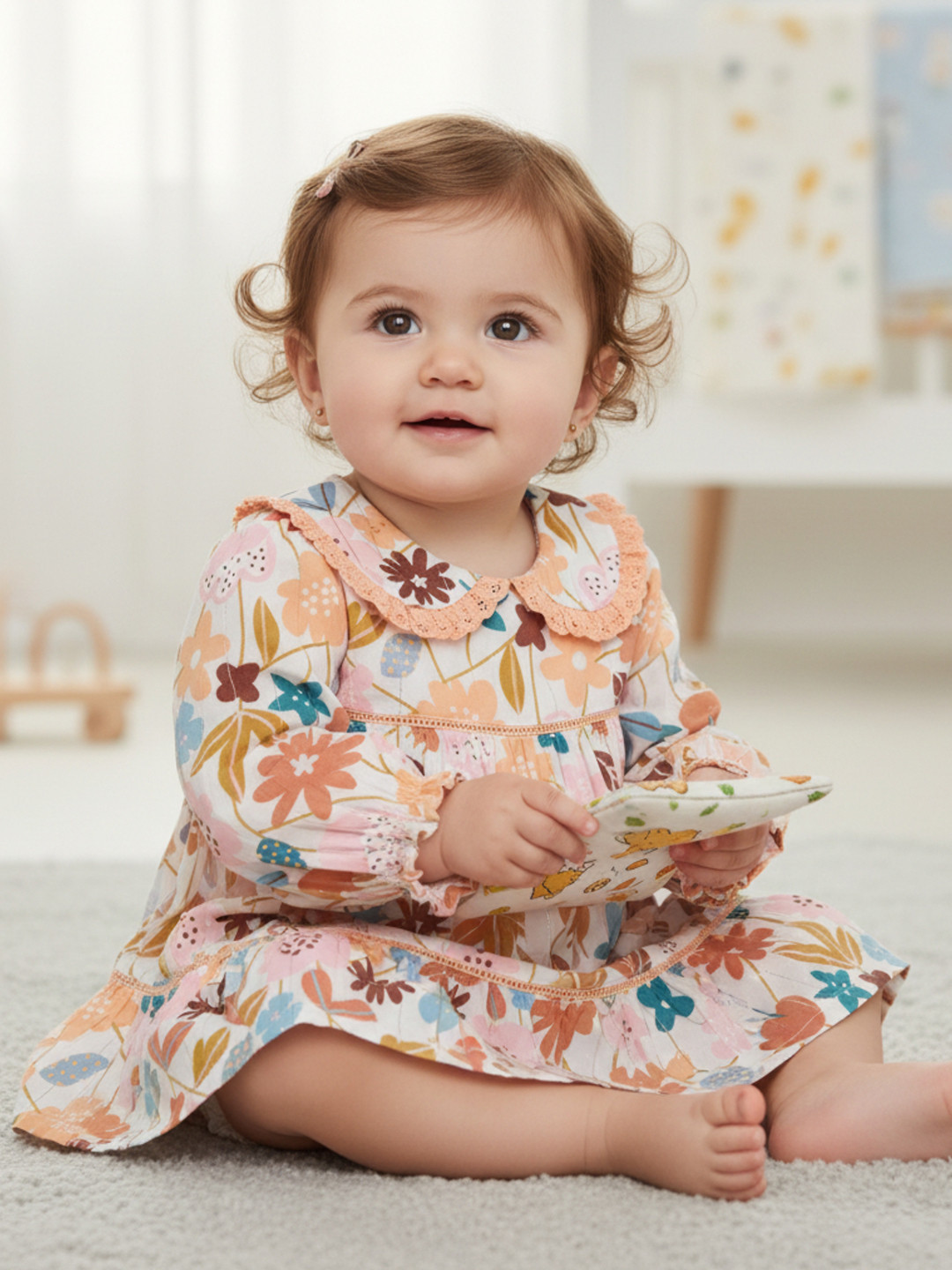 My Milestones Girls Floral Printed Peter Pan Collar Tiered Fit & Flare Dress with Bloomer
