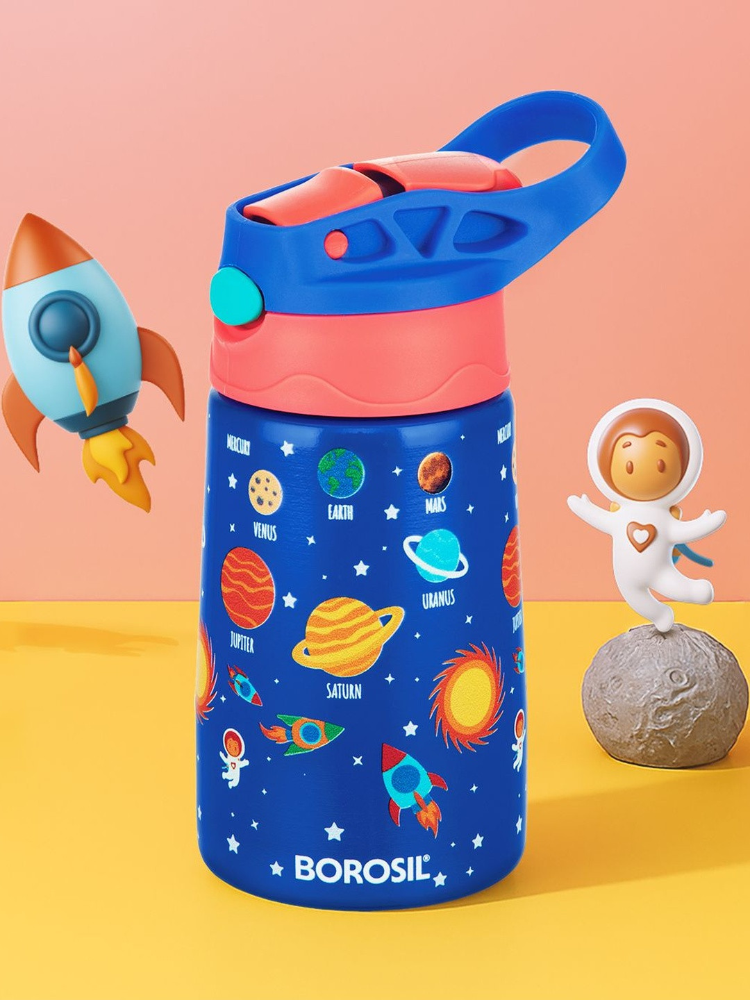 BOROSIL Blue & Peach-Coloured Single Stainless Steel Cartoon Characters Double Wall Vacuum Water Bottle