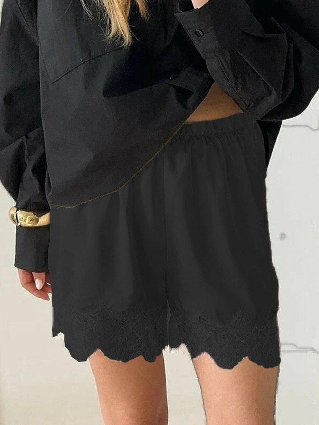 LULU & SKY Women High-Rise Slip on Lace-Hem Inner Elastic Lounge Shorts