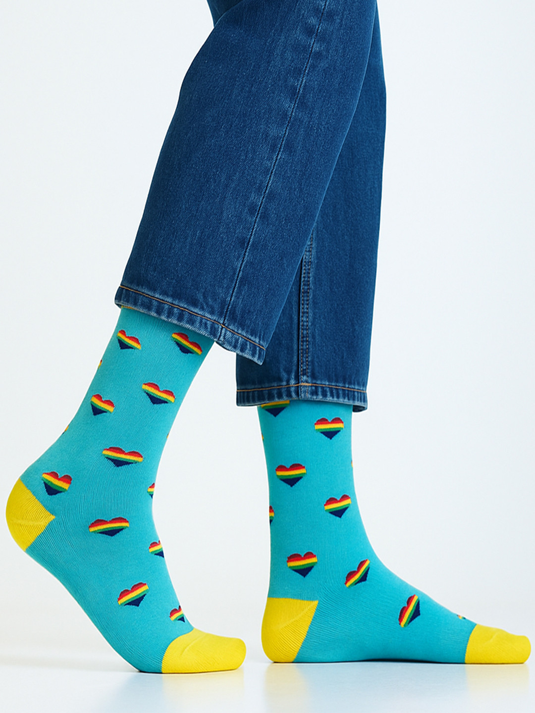Mint & Oak Men Mint Green & Yellow Patterned Calf-Length Cotton Freedom Socks
