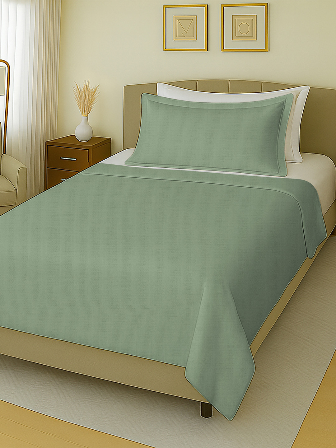MAYFAIR HOMES LONDON Green Solid 144 TC Cotton 1 Single Bedsheet with 1 Pillow Covers