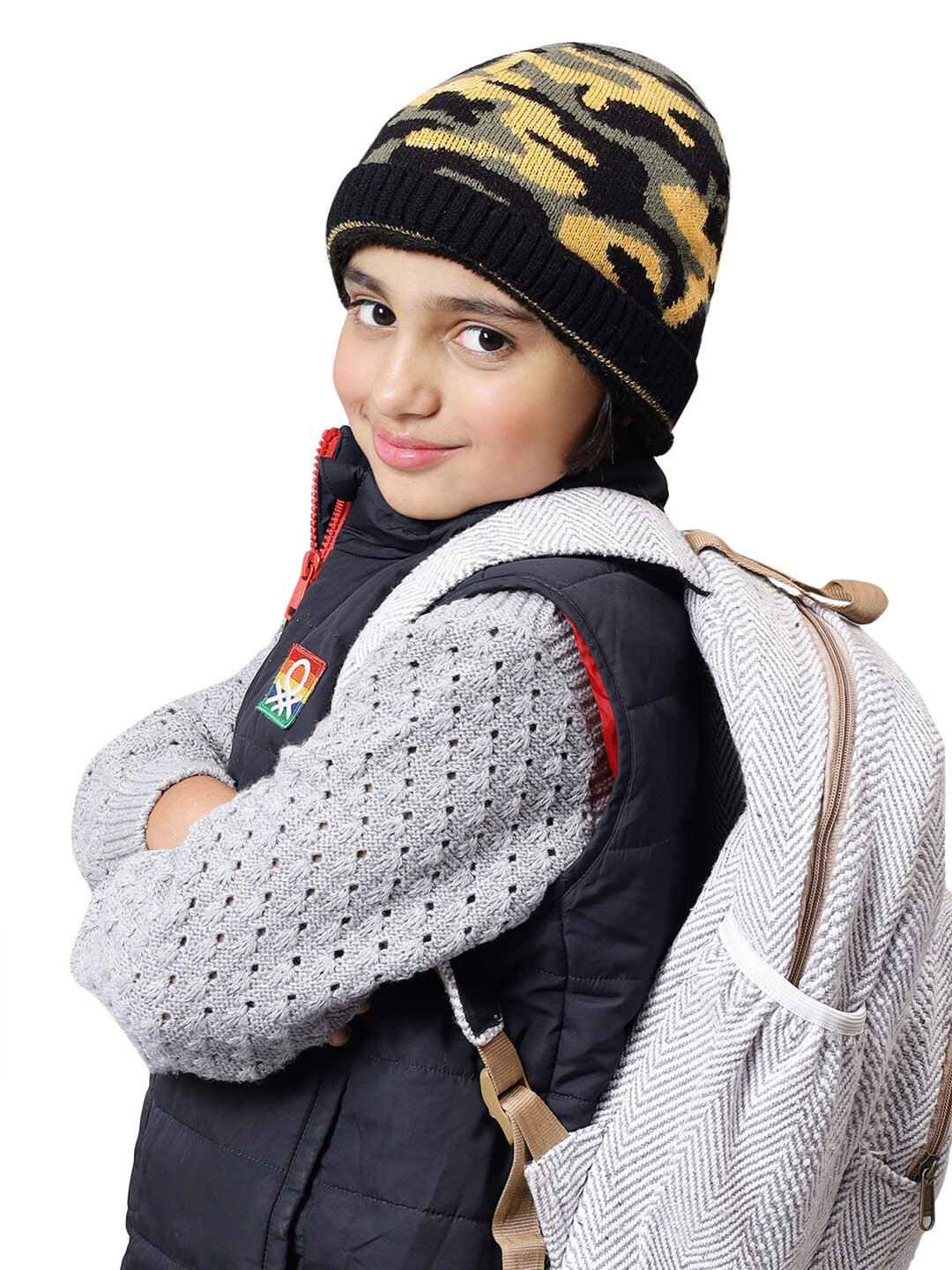 Bharatasya Girls Camouflage Printed Woolen Knitted Beanie