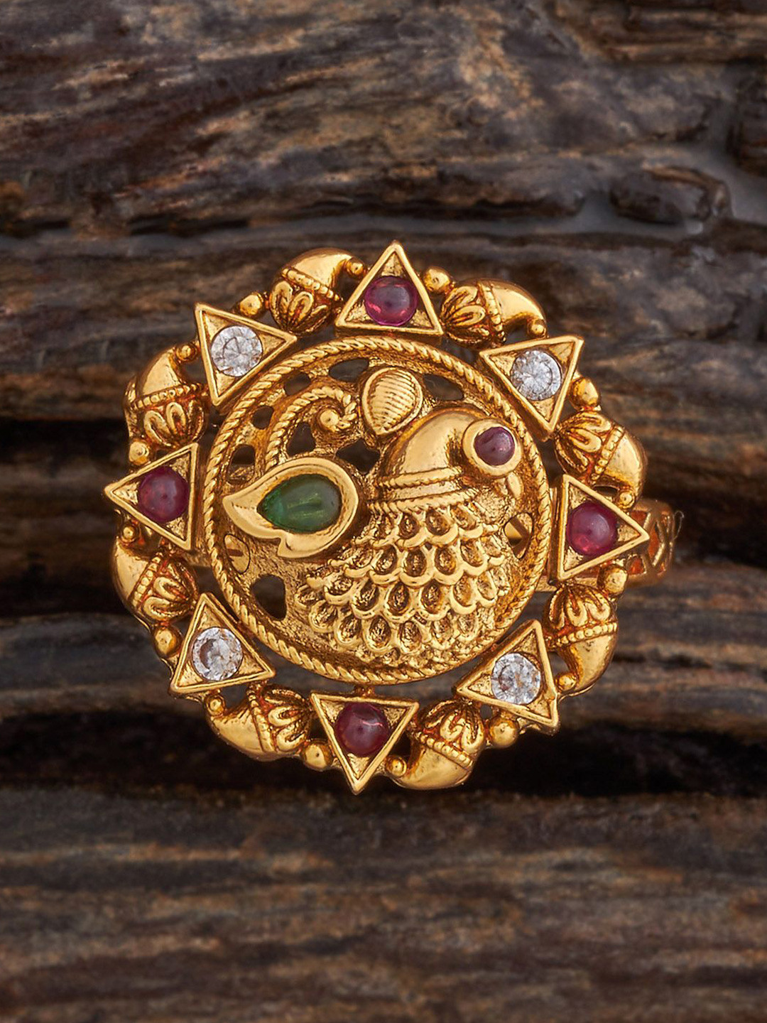 Kushal's Fashion Jewellery Ruby-Green Gold-Plated Ethnic Antique Finger Ring