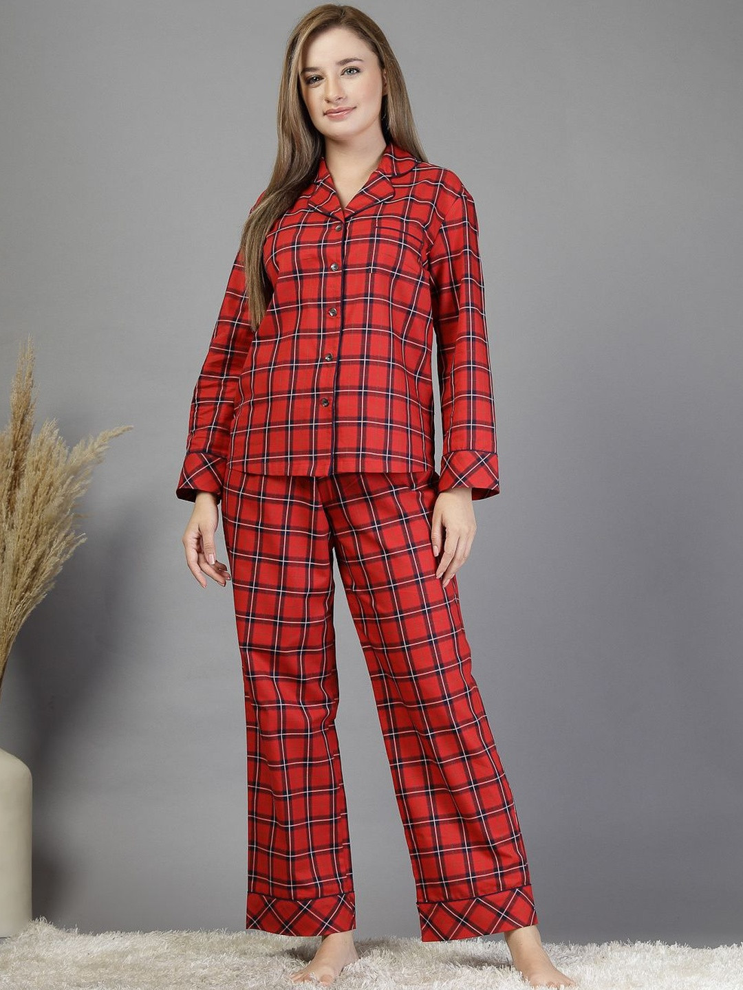 JEFF COOPER Checked Pure Cotton Lapel Collar Night Suits