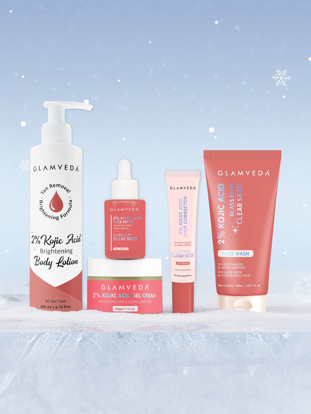 GLAMVEDA Set Of 5 Facewash, Spot Corrector, Serum, Gel Cream & Body Lotion