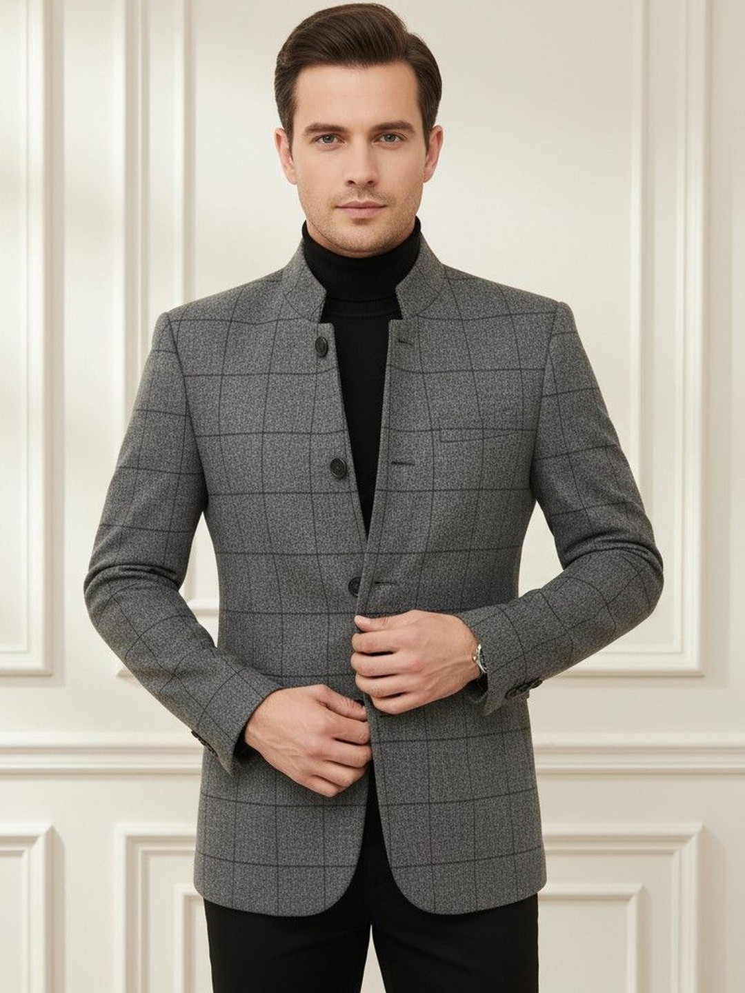 INVICTUS Checked Notched Lapel Long Sleeves Single Breasted Blazer