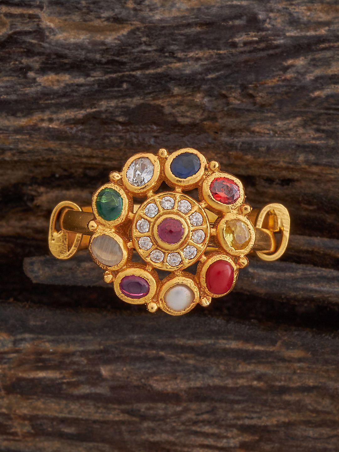 Kushal's Fashion Jewellery Navaratna  Gold Plated Artificial Stones Studded Finger Ring