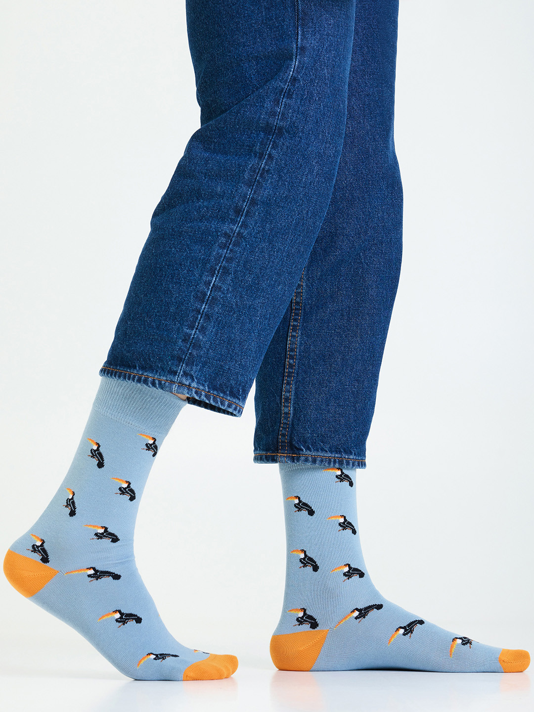 Mint & Oak Men Blue Patterned Bird Of Feather Calf-Length Socks