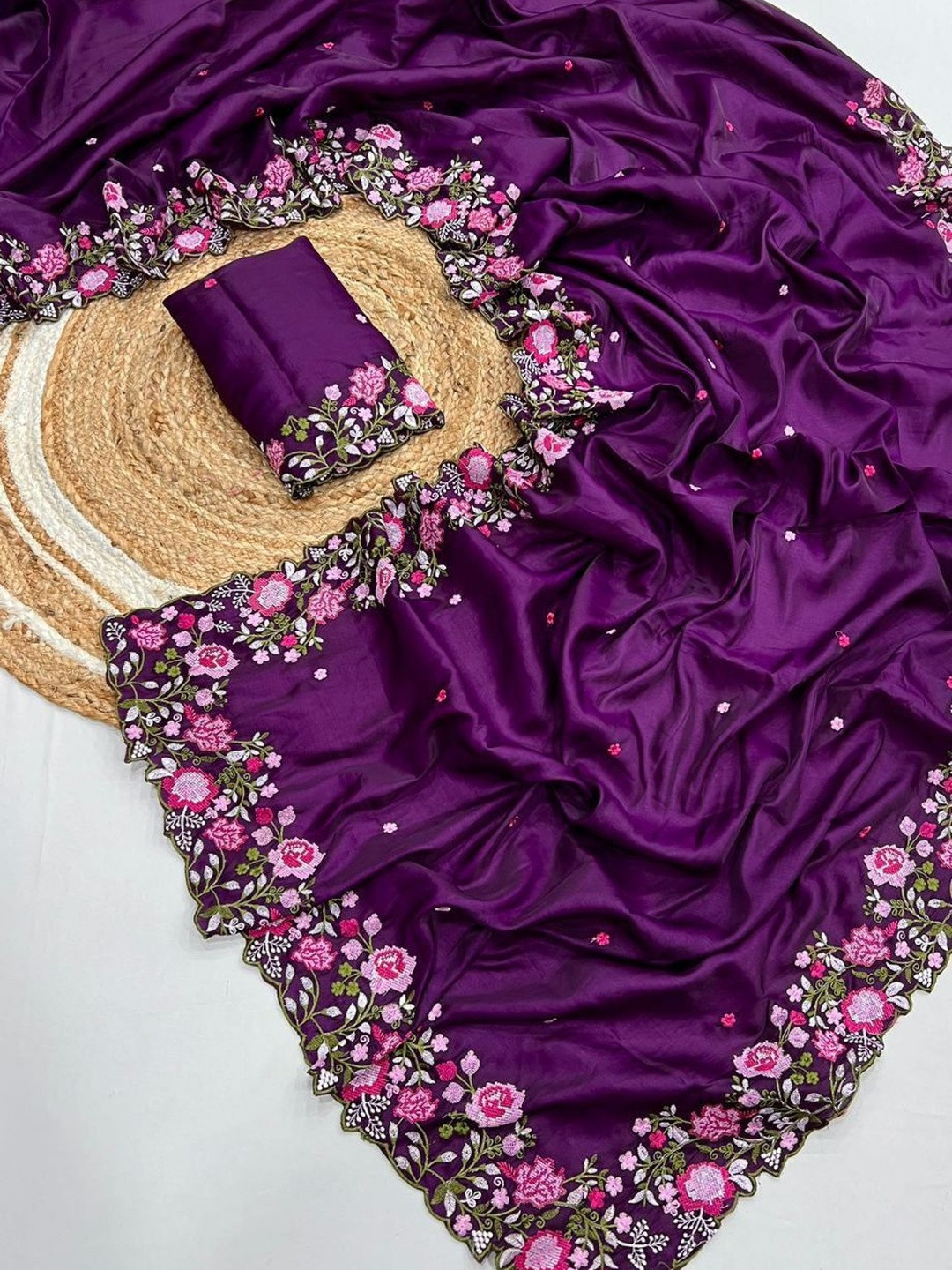 ARKIA Floral Embroidered Silk Blend Heavy Work Tussar Saree