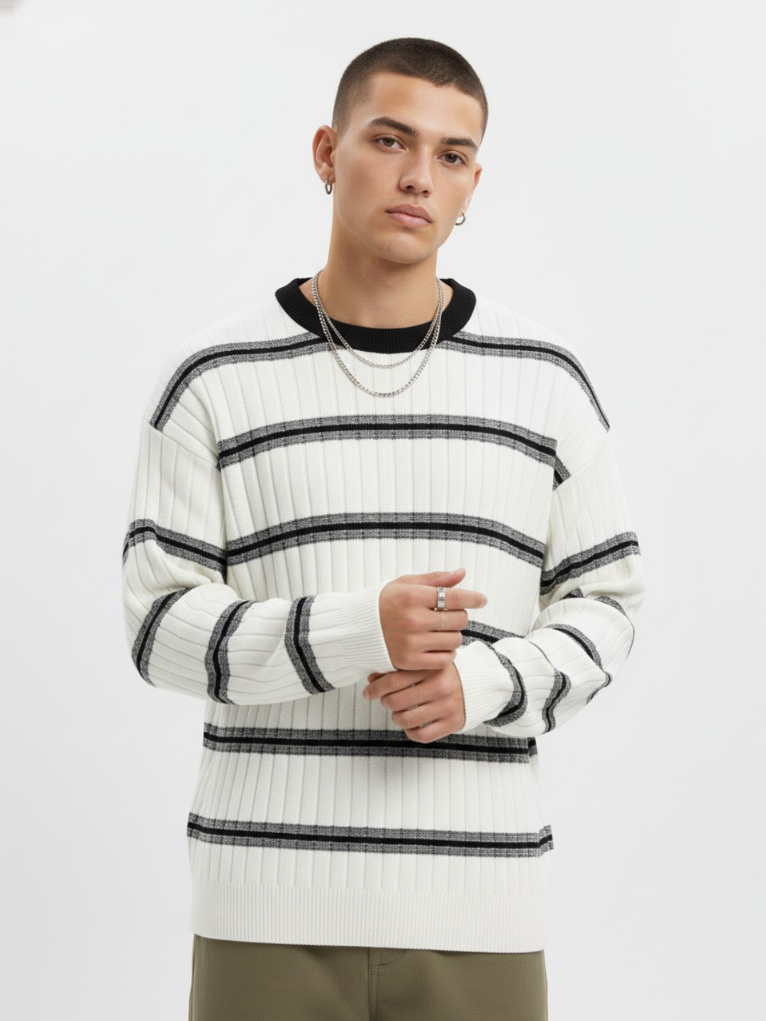 glitchez Horizontally Self-Striped Drop-Shoulder Sleeves Oversized Pullover Sweater