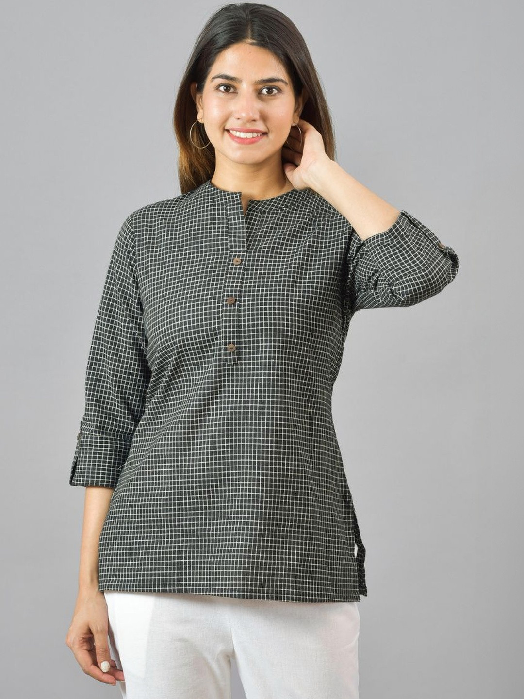 ETC X D To D Life Style Checked Cotton Mandarin Collar Top