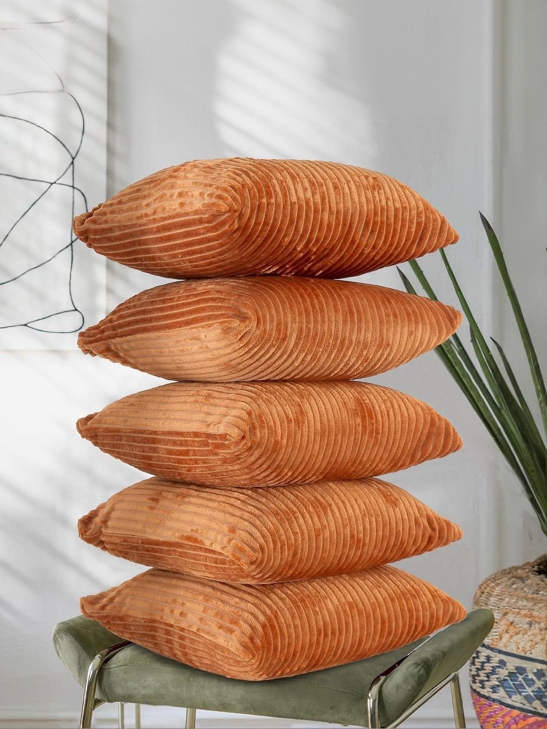 RD TREND Set of 5 Striped Textured Velvet Square Cushion Covers