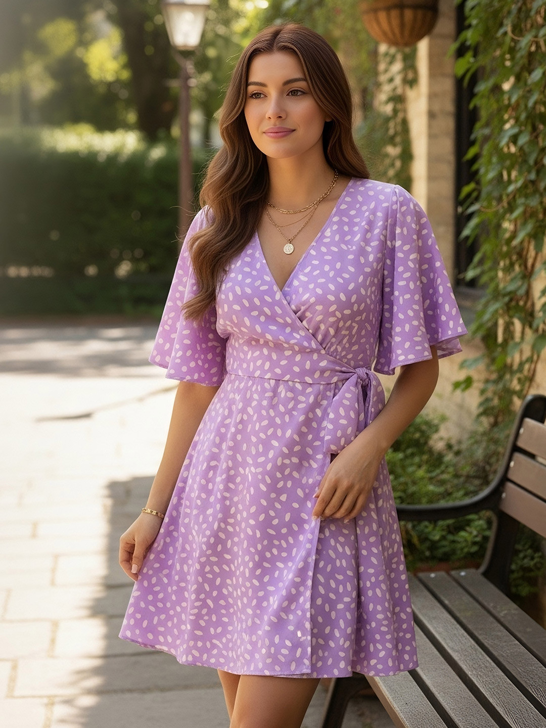 Berrylush Printed Flutter Sleeve Wrap Mini Dress