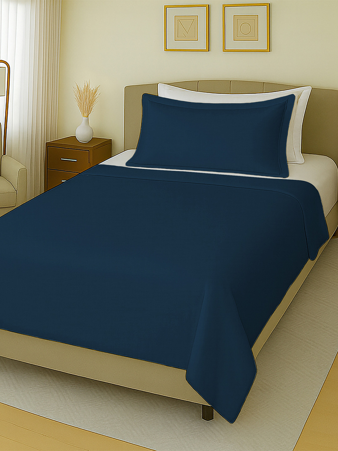 MAYFAIR HOMES LONDON Navy Blue Solid 144 TC Cotton 1 Single Bedsheet with 1 Pillow Covers