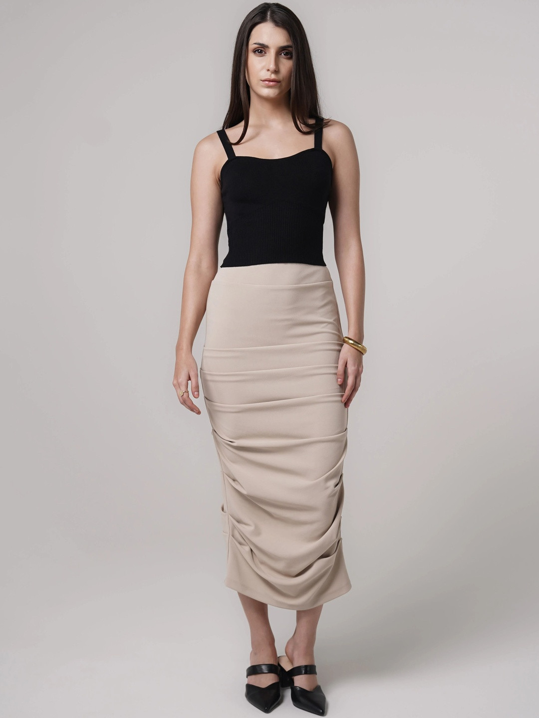 COVE AND LANE Women Solid Casual Straight Midi Pencil Skirt