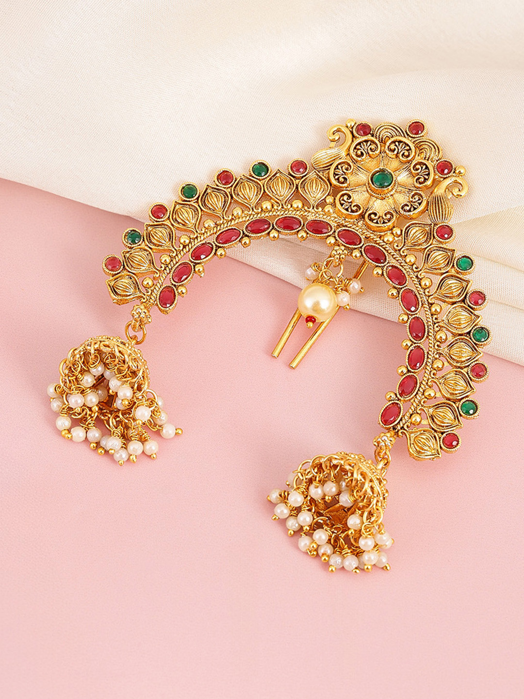 Peora Gold-Plated Stones and Beads Studded Bun Pin Head Jewellery