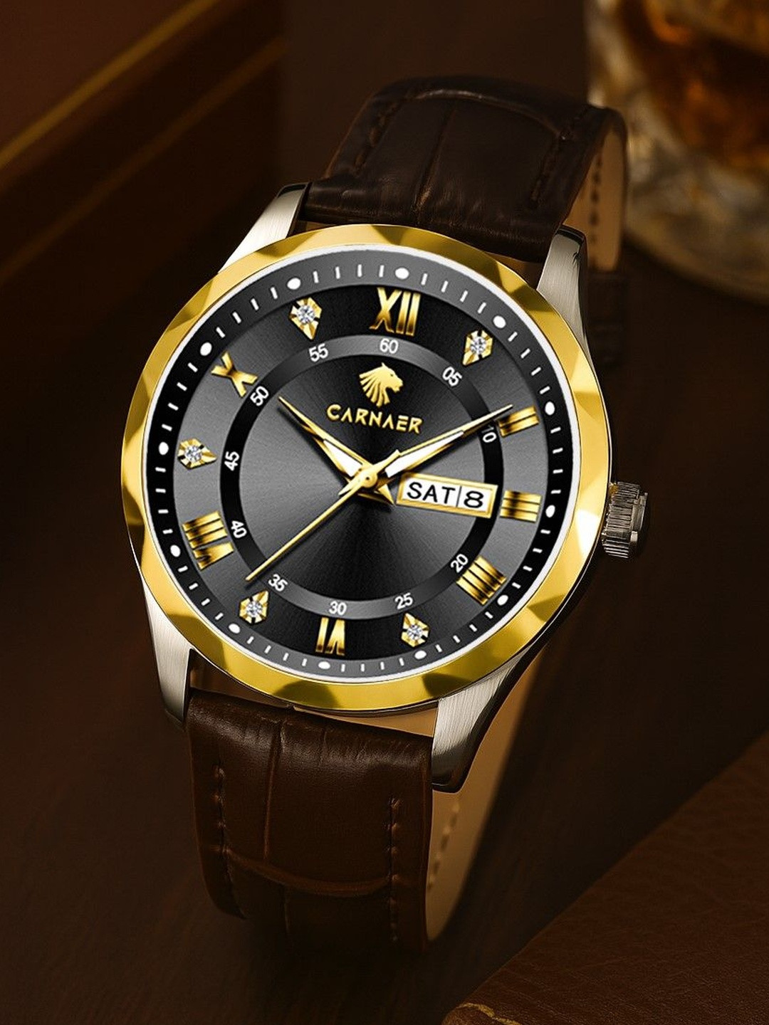 Carnaer Men Patterned Dial & Leather Straps Analogue Watch CN-6102-Brn-Blk