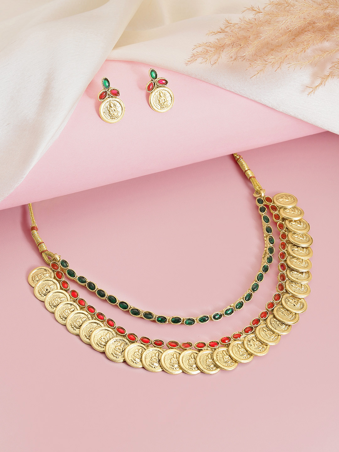 Peora Gold-Plated Ruby-Studded Layered Jewellery Set