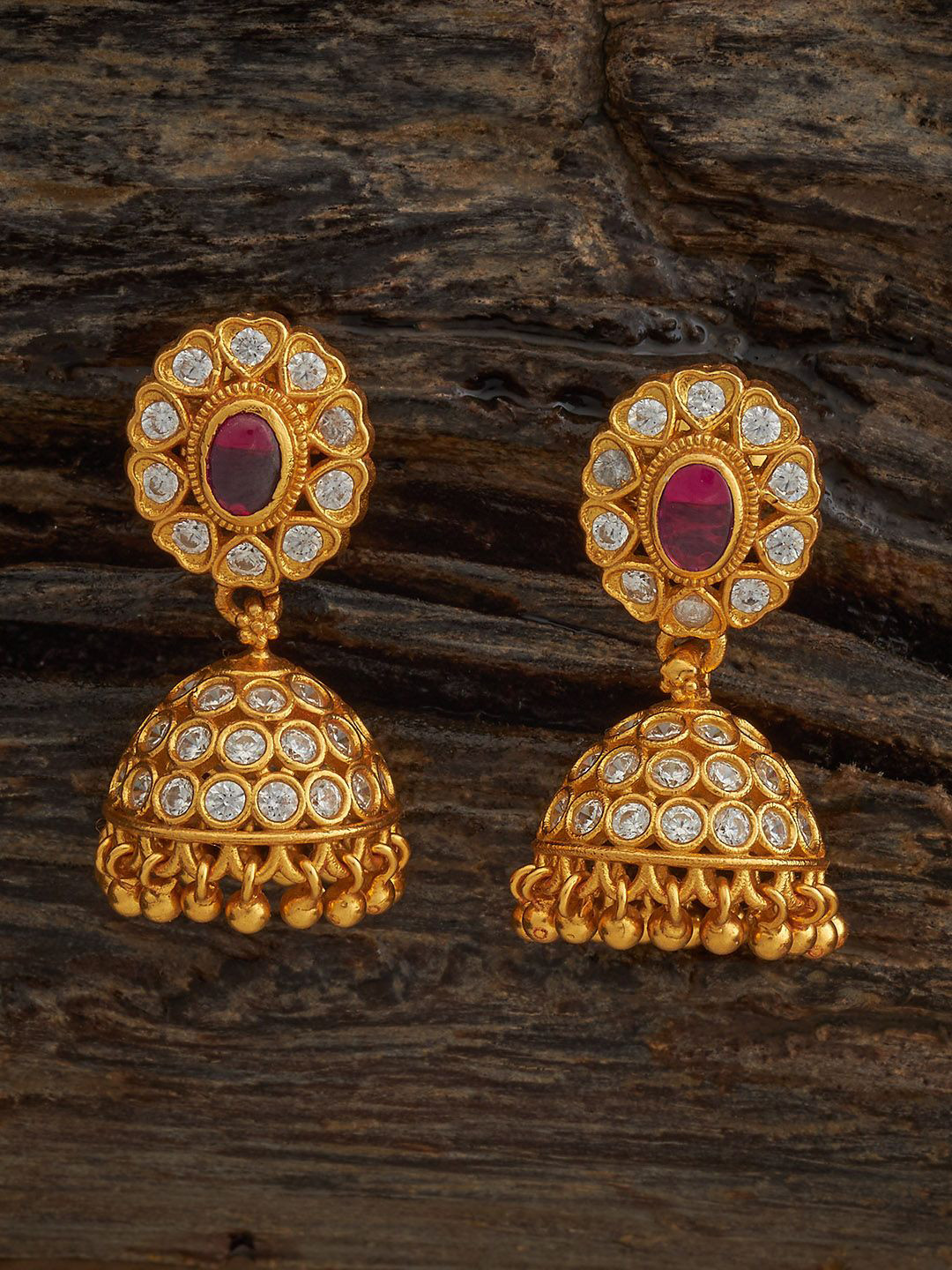 Kushal's Fashion Jewellery Embellished Bridal 92.5 Silver Gold-Plated Dome Stone Jhumkas