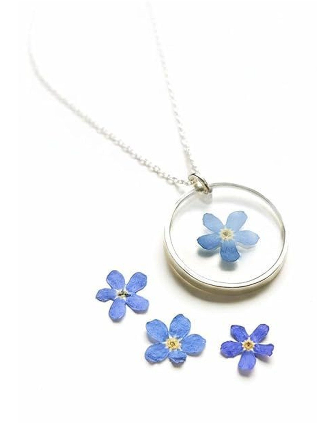 Dainty Little Shop Silver Toned Petite Pendant with Real Forget-Me-Not Flower