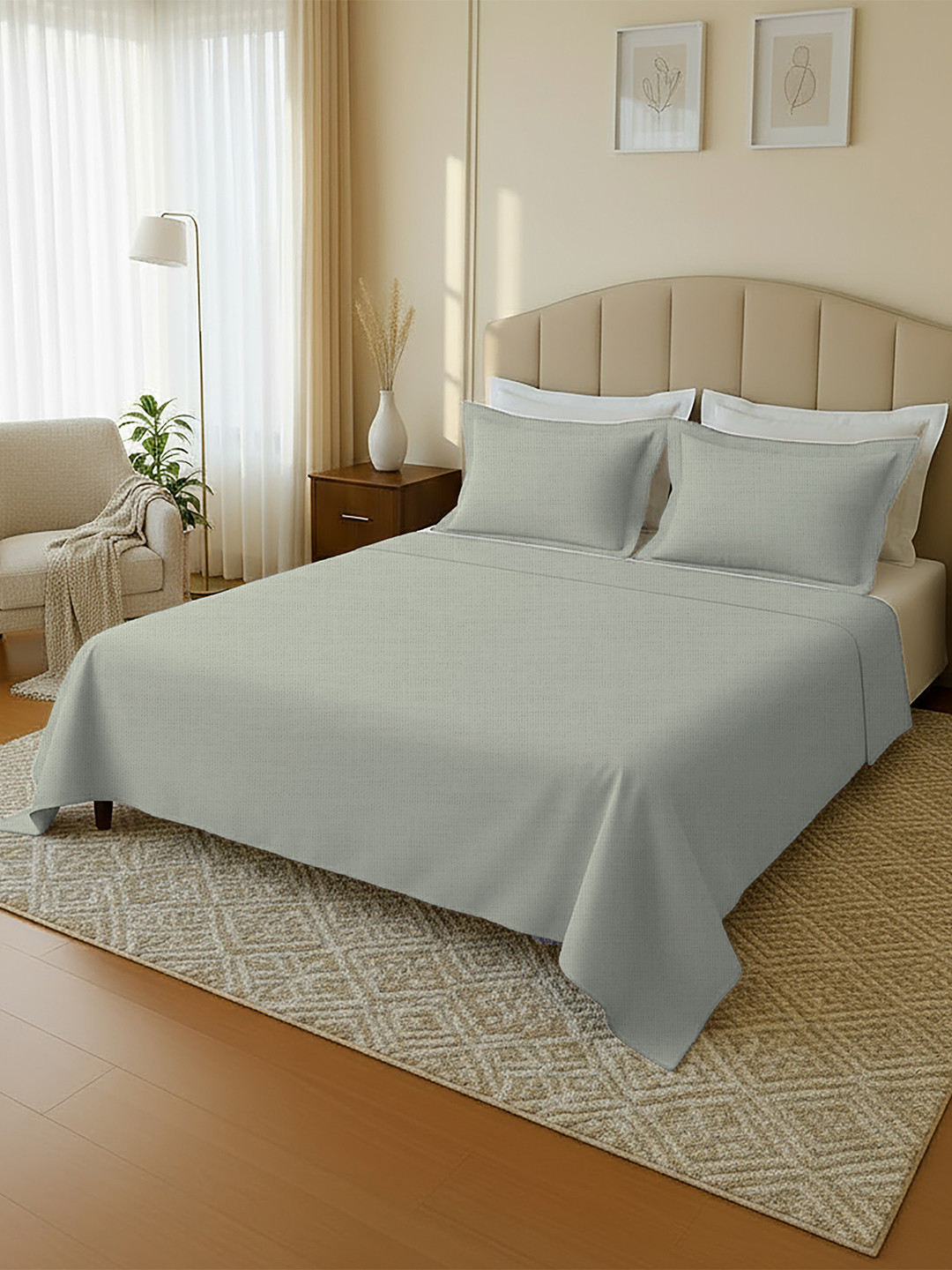 MAYFAIR HOMES LONDON Grey Solid 144 TC Cotton 1 King Bedsheet with 2 Pillow Covers