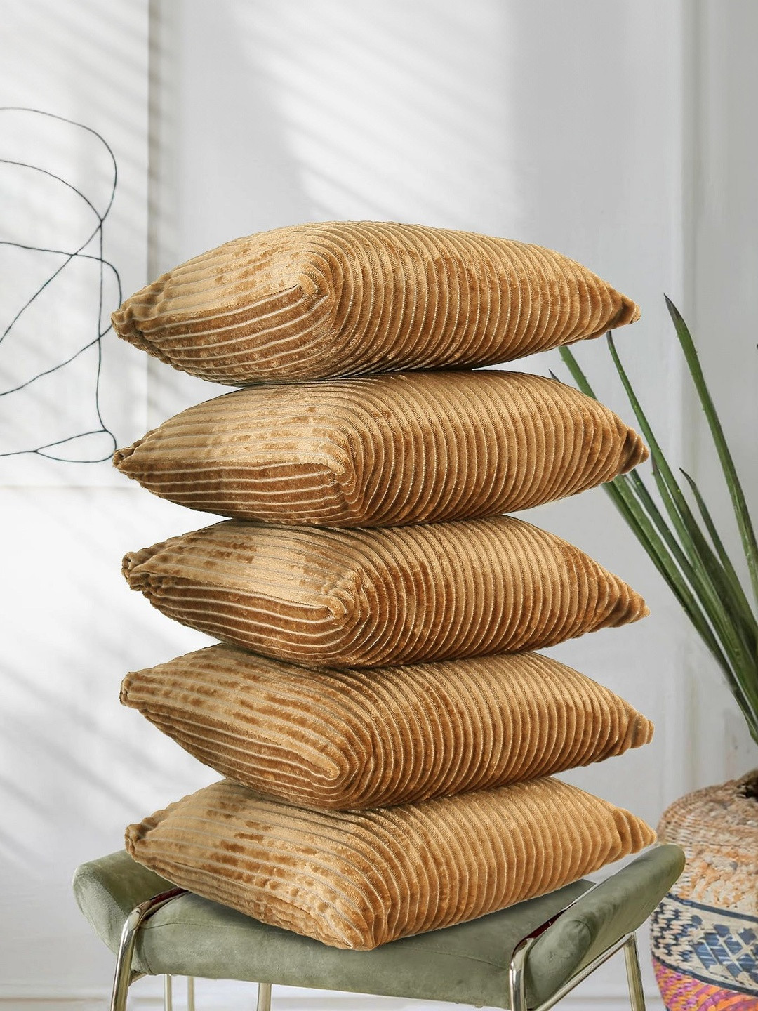 RD TREND Set of 5 Striped Textured Velvet Washable Square Cushion Covers